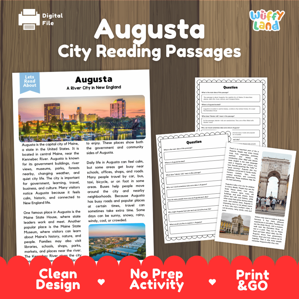 Augusta city reading passages and comprehension worksheet educational unit featuring nonfiction text and authentic Augusta Maine capitol and river photography