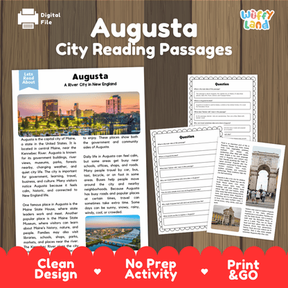 Augusta city reading passages and comprehension worksheet educational unit featuring nonfiction text and authentic Augusta Maine capitol and river photography