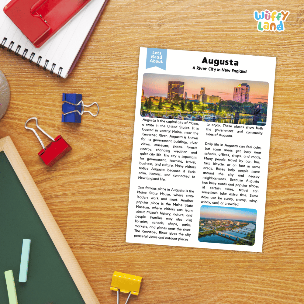 Lined reading comprehension question worksheet covering main ideas vocabulary terms and landmark facts about Augusta Maine
