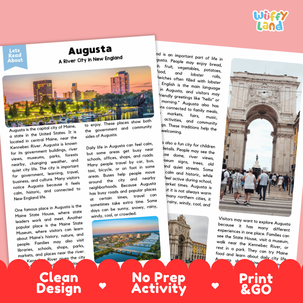 Reference sheet and answer key for Augusta landmark reading passage displaying completed comprehension answers and United States geography facts