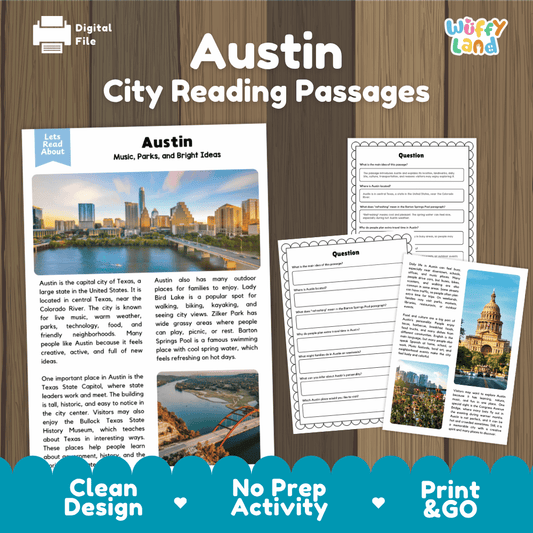Austin city reading passages and comprehension worksheet educational unit featuring nonfiction text and authentic Austin Texas skyline over the Colorado River photography