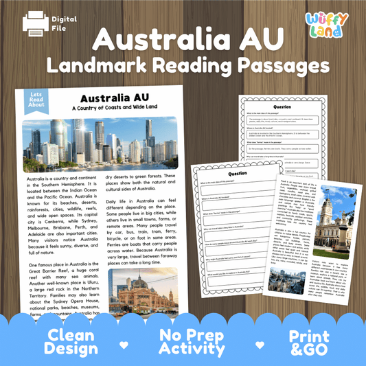 Australia AU landmark reading passage and comprehension worksheet educational unit featuring nonfiction text and authentic Australian skyline and harbor photography