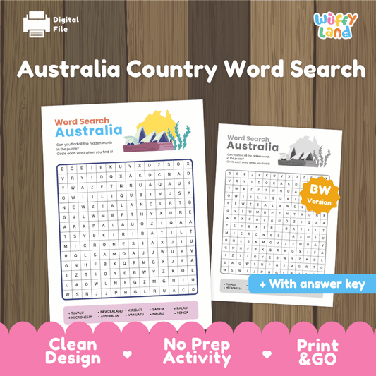 Australia country word search printable Oceania geography puzzle activity pack overview from Wuffy Land featuring color and black white versions with answer key 🌏🇦🇺