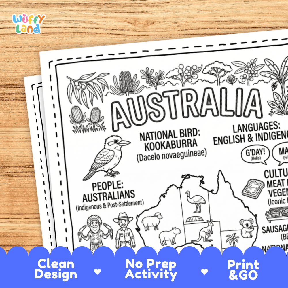 Cultural coloring page featuring Australian outback dress, boomerang, didgeridoo, meat pie, and Gday greeting speech bubbles