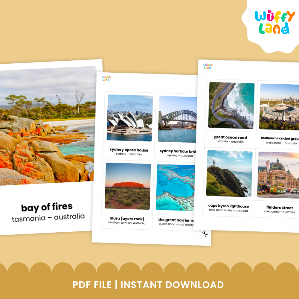 Printable Montessori 3-part cards showing Sydney Harbour Bridge and Royal Exhibition Building with separate matching word labels