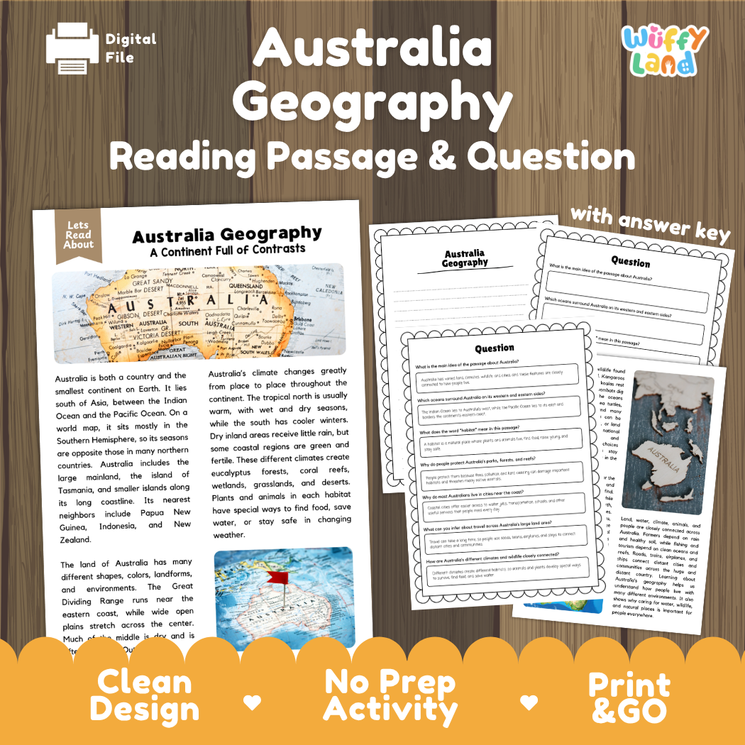 Australia Geography reading comprehension passage and questions printable activity pack with answer key for elementary students