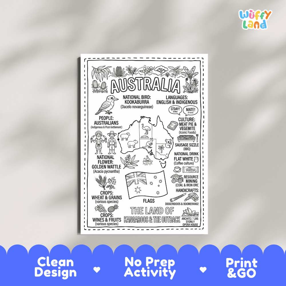 Educational activity coloring page highlighting Australian Kookaburra bird, Golden Wattle flower, kangaroo, and koala