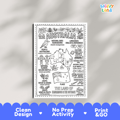 Educational activity coloring page highlighting Australian Kookaburra bird, Golden Wattle flower, kangaroo, and koala