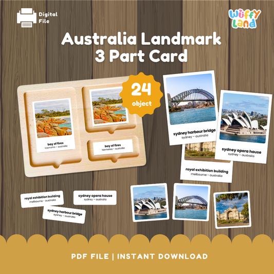 Australia landmark 3 part card cover showing Montessori wooden sorting tray with Bay of Fires cards alongside Sydney Harbour Bridge and Sydney Opera House cards