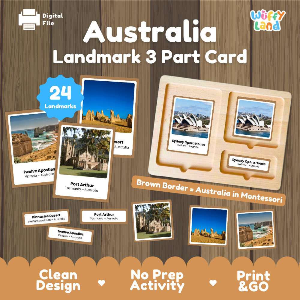 Australia landmark 3 part cards cover showing printable geography nomenclature cards for 24 landmarks like the Sydney Opera House and Twelve Apostles