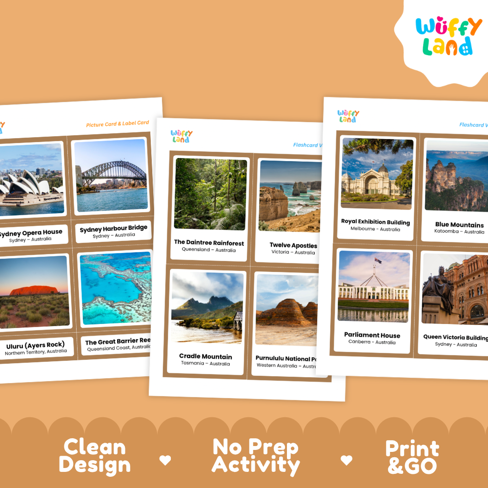 Printable sheets featuring photographic landmark cards with brown borders and separate name labels in wooden Montessori trays