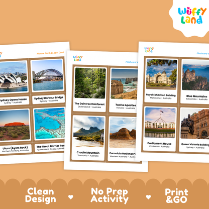 Printable sheets featuring photographic landmark cards with brown borders and separate name labels in wooden Montessori trays