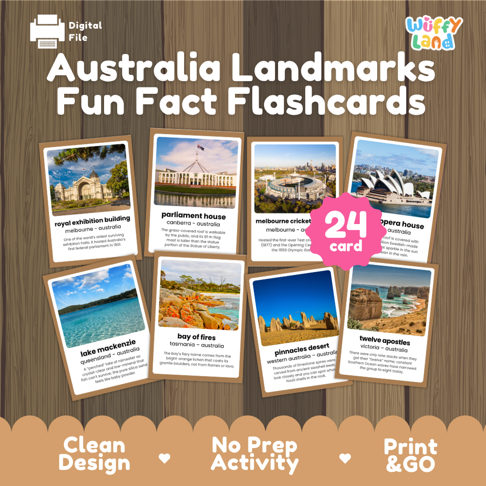 Australia landmarks fun fact flashcards cover showing 24 cards featuring Royal Exhibition Building Parliament House Sydney Opera House and Twelve Apostles