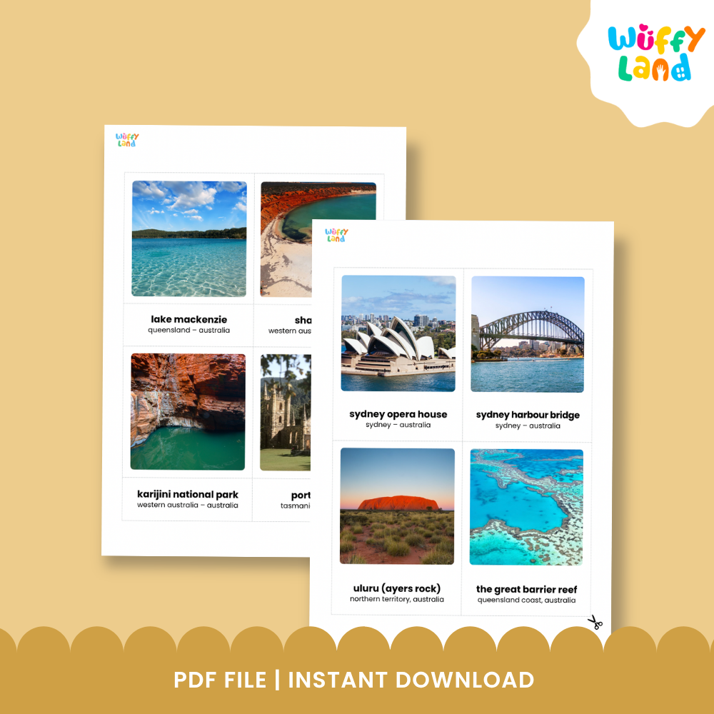 High-resolution photographic cards featuring the Sydney Opera House, Sydney Harbour Bridge, and Royal Exhibition Building