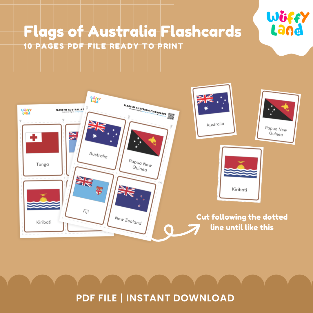Printable Australia and Oceania country flag cards featuring 23 flags with names for classroom geography and country identification