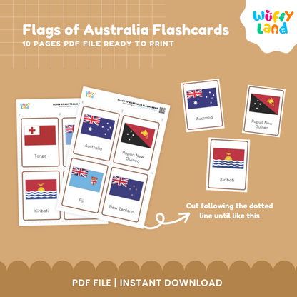 Printable Australia and Oceania country flag cards featuring 23 flags with names for classroom geography and country identification
