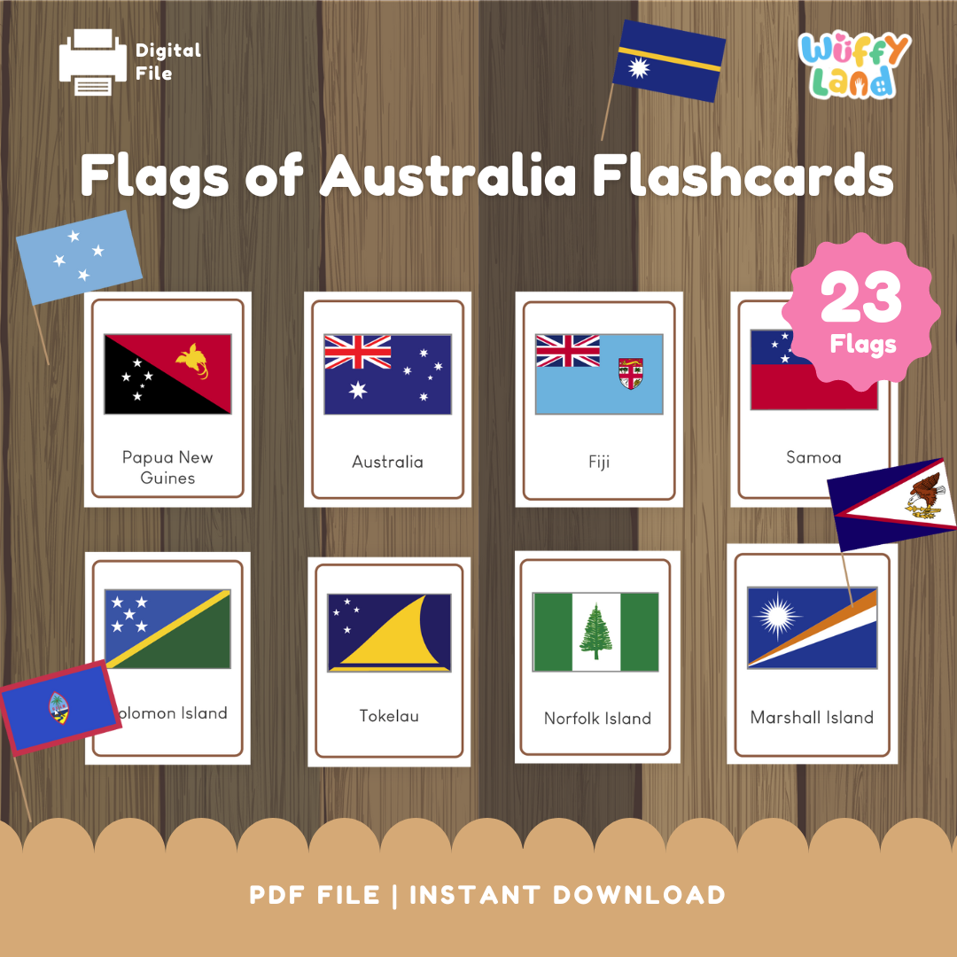 Australia and Oceania flags flashcards printable featuring 23 country and territory flags with names for geography learning