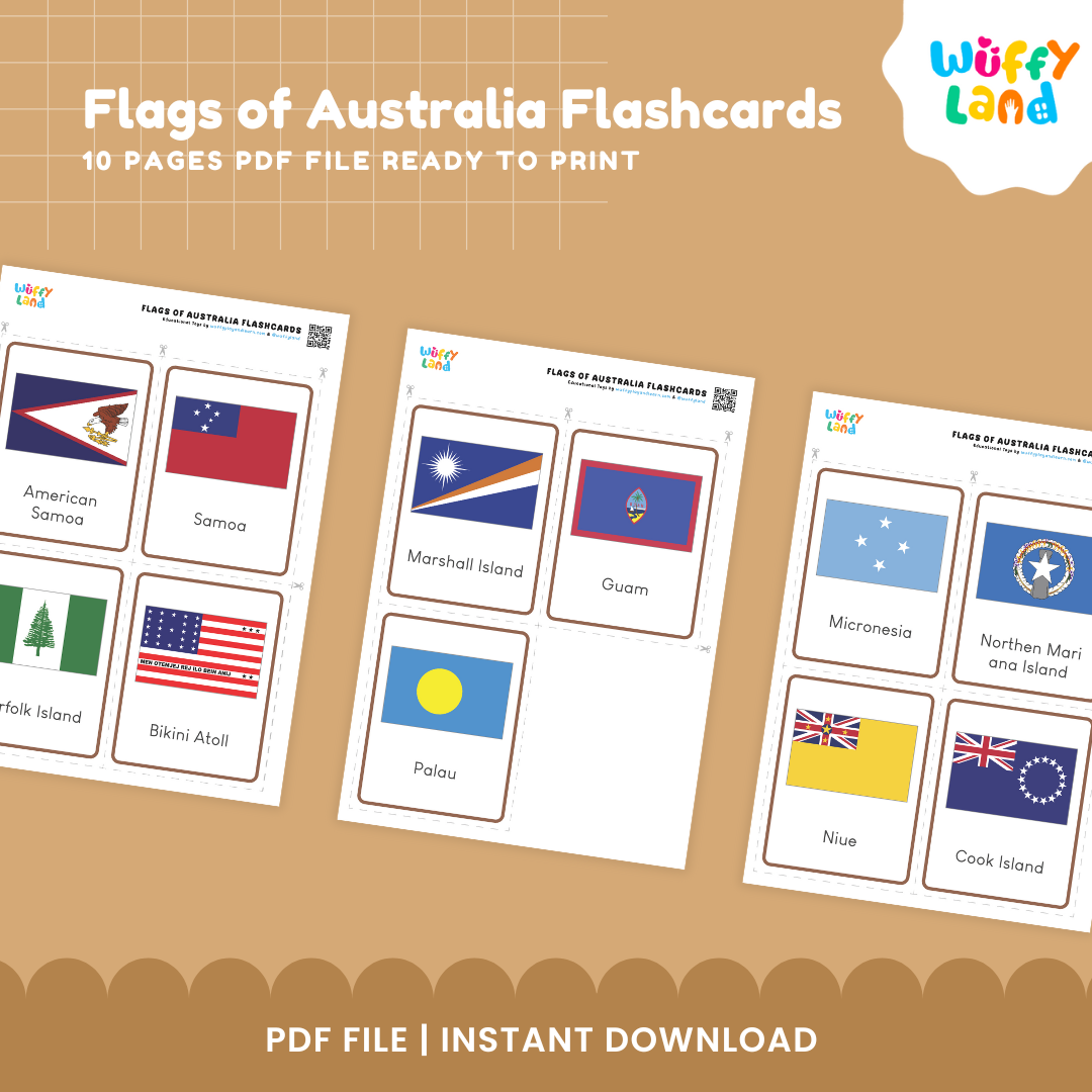 Australia and Pacific Islands flag flashcards for kids with colorful national flags and country names for visual geography study