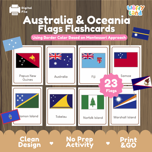 Australia and Oceania flags flashcards printable Montessori geography activity pack overview from Wuffy Land featuring 23 flags 🌏🚩