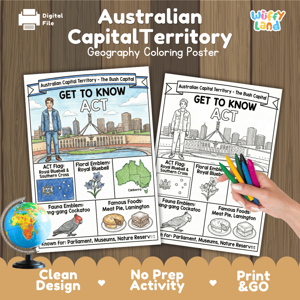 Australian Capital Territory Geography Coloring Poster | Australia ACT Study Research Worksheet Activity