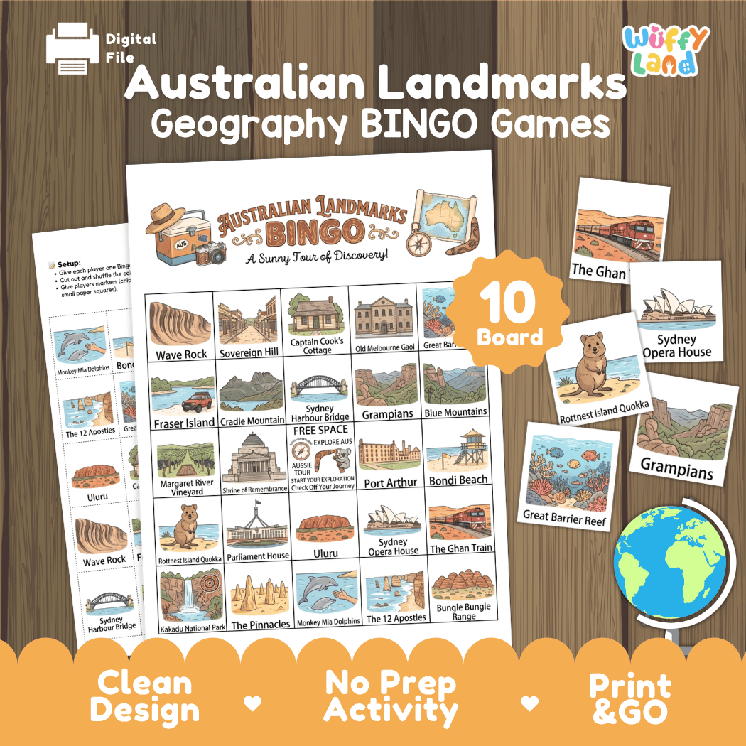 Australian Landmarks Geography BINGO Games Printable Elementary Activity Cards