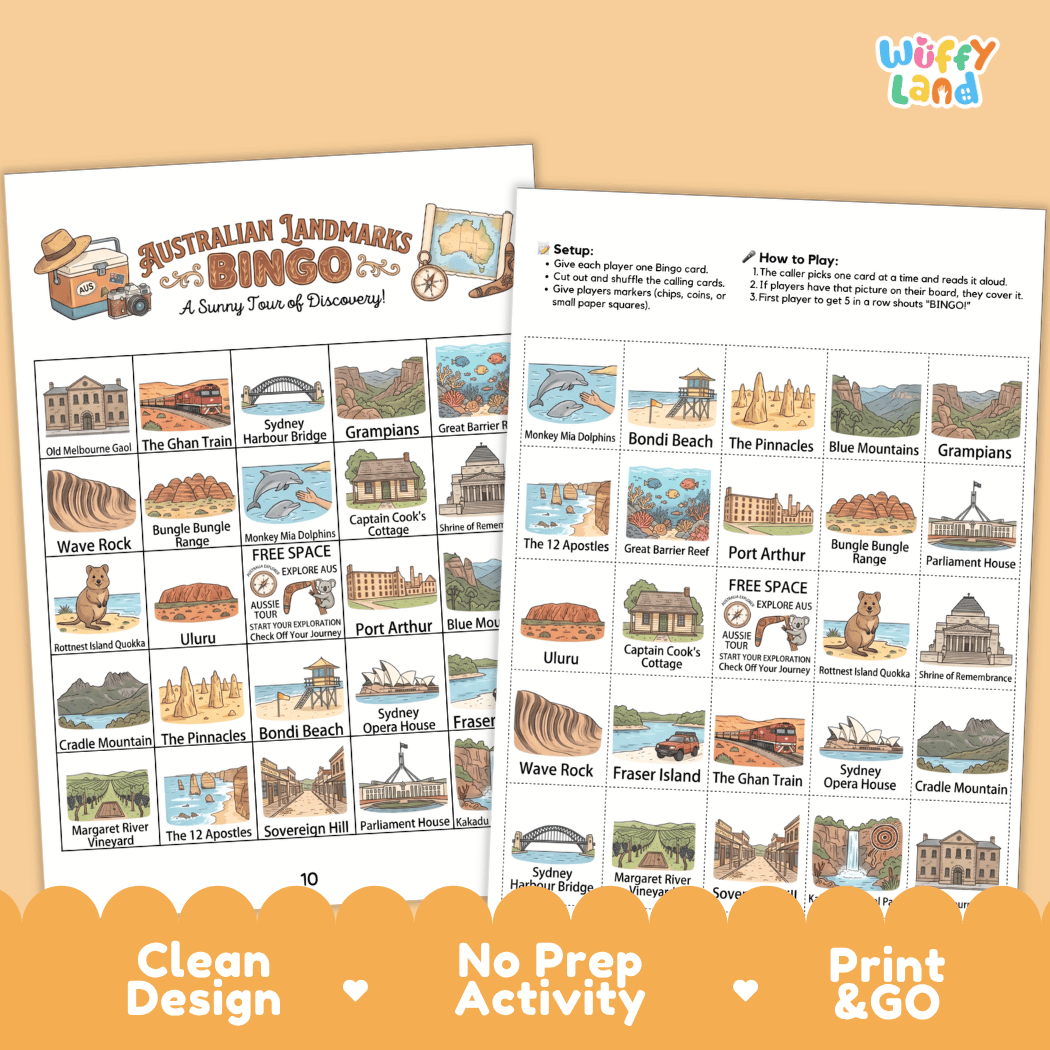 Australian Landmarks Geography BINGO Games Printable Elementary Activity Cards