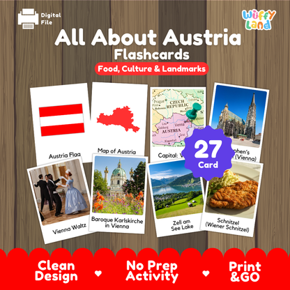 Austrian orchestra coloring page paired with real photo flashcards of St. Stephen's Cathedral, Vienna waltz, and Wiener Schnitzel
