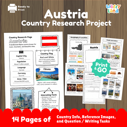 Student country research worksheet on Austria featuring red and white flag, Vienna capital facts, Alpine climate, and geography map