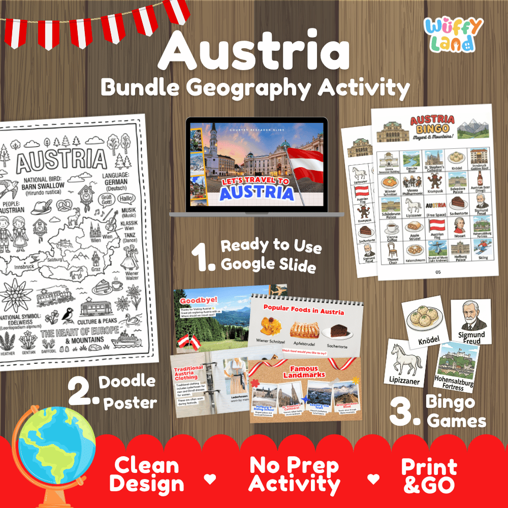 Complete Austria geography activity bundle featuring Google Slides, doodle coloring poster, and classroom bingo games 🇦🇹🎒