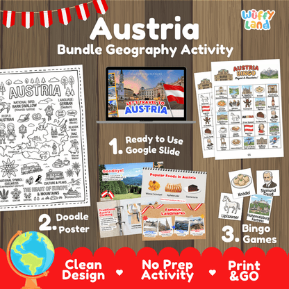 Complete Austria geography activity bundle featuring Google Slides, doodle coloring poster, and classroom bingo games 🇦🇹🎒