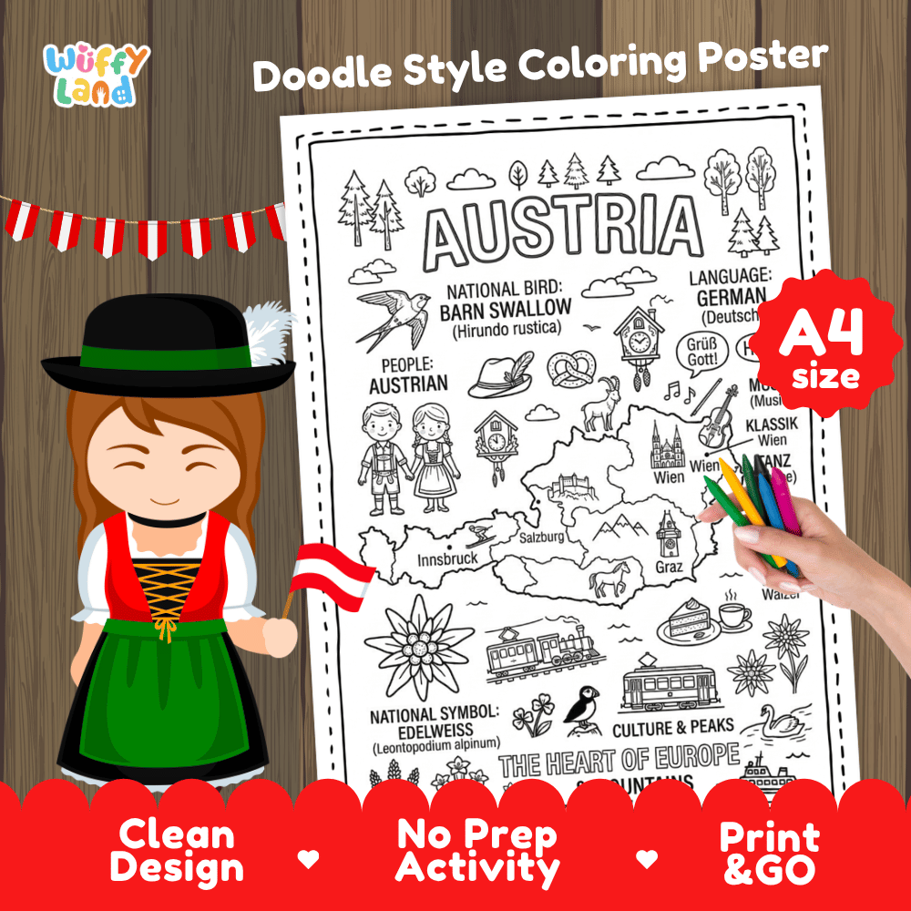 Austria country study doodle style coloring poster printable page featuring map, landmarks, and cultural symbols