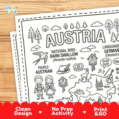 Cultural coloring page featuring traditional Austrian dirndl attire, classical music, pretzels, cuckoo clock, and German greetings