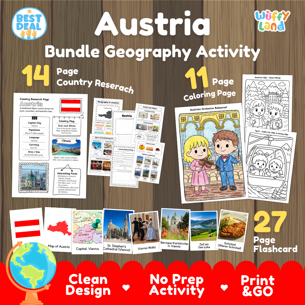Austria geography activity bundle cover showing 14 country research pages, 11 coloring pages, and 27 photo flashcards