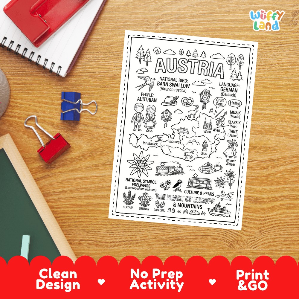 Doodle map coloring sheet showing Austria's capital Vienna, Salzburg, Innsbruck, Graz, and Alpine mountain peaks
