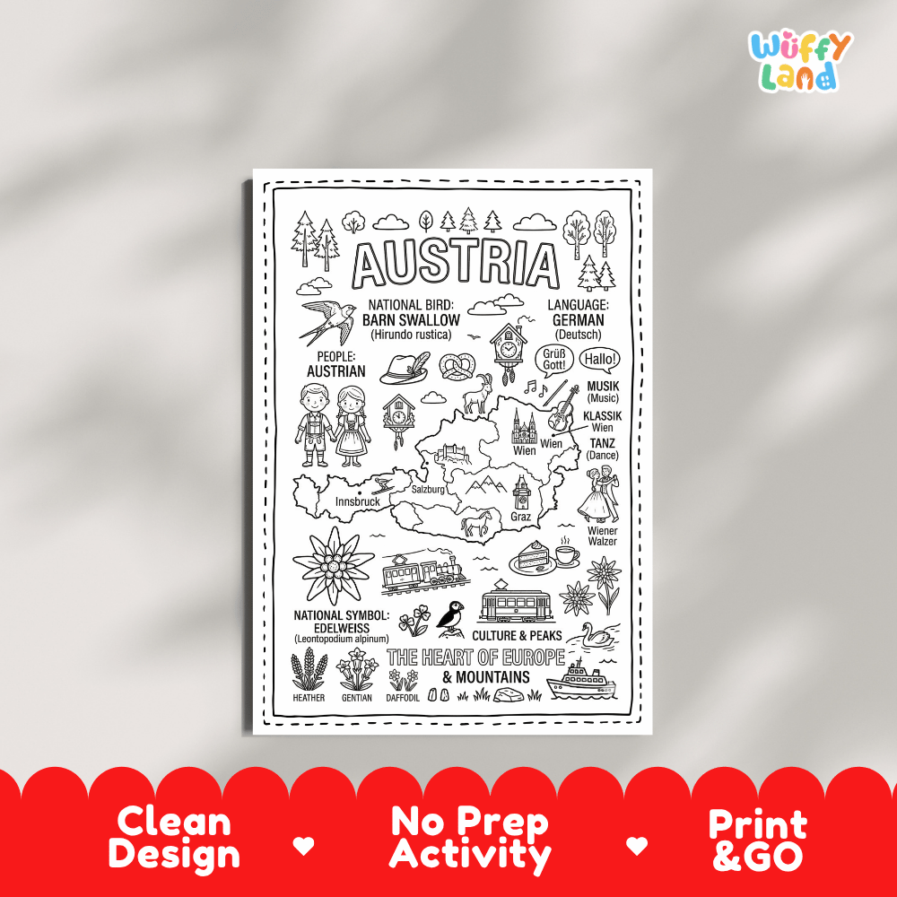 Educational activity coloring page highlighting Austria's national bird the Barn Swallow and national flower Edelweiss