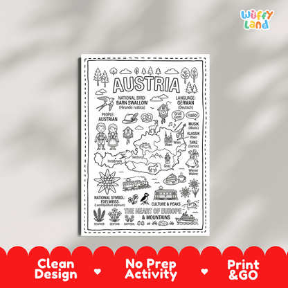 Educational activity coloring page highlighting Austria's national bird the Barn Swallow and national flower Edelweiss