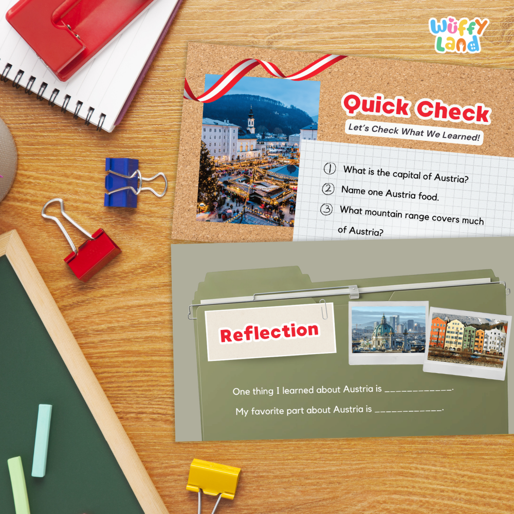 An educational Austria-themed worksheet set from Wiffly Land, displayed in a styled desk flat-lay. The set includes a 'Quick Check' activity sheet with a photo of Innsbruck and a 'Reflection' section on a sage green card, surrounded by school supplies like binder clips, a spiral notebook, chalk, and a green chalkboard on a wooden table.