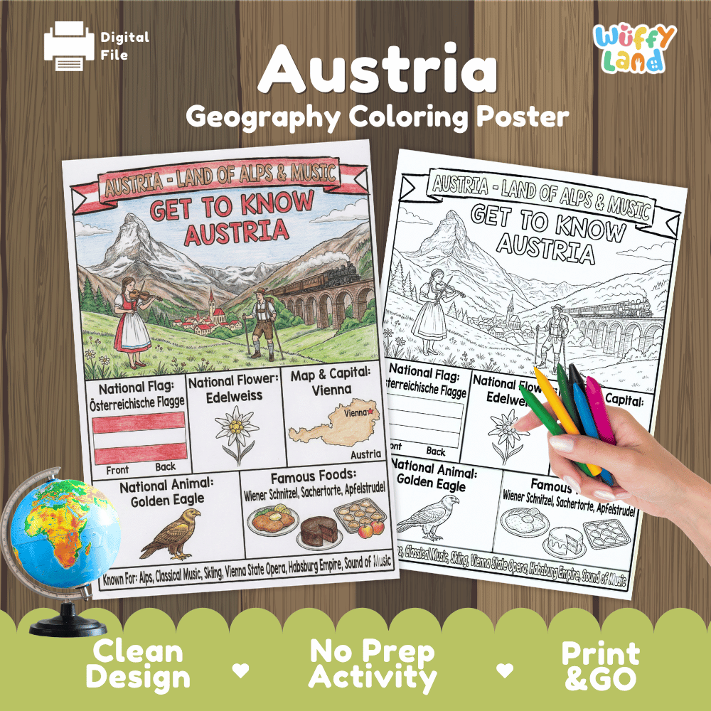 Austria Geography Coloring Poster and Fact Sheet Printables
