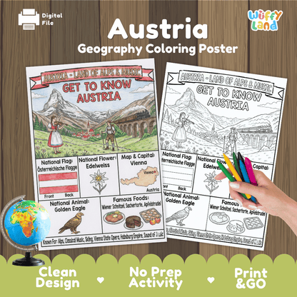 Austria Geography Coloring Poster and Fact Sheet Printables