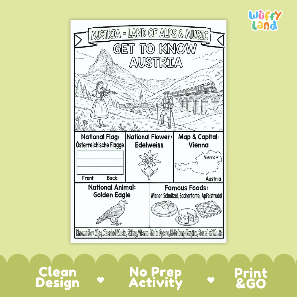 Austria Geography Coloring Poster and Fact Sheet Printables