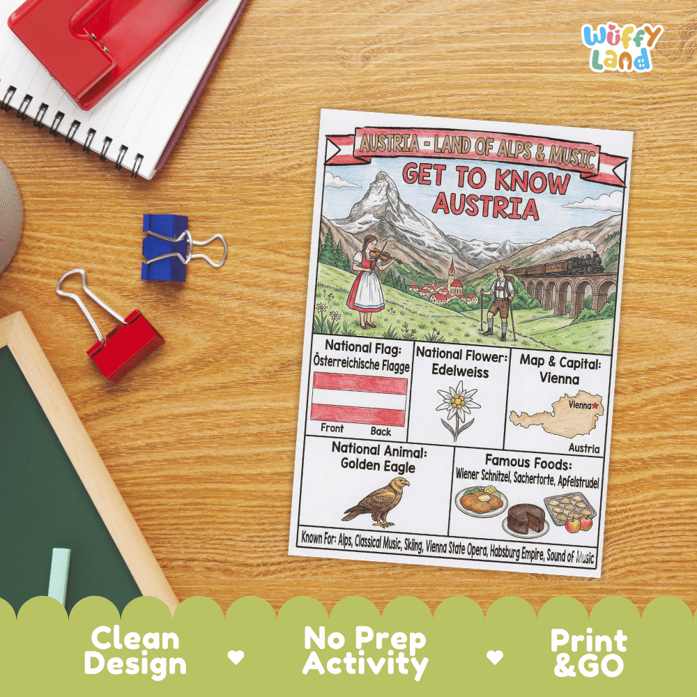 Austria Geography Coloring Poster and Fact Sheet Printables