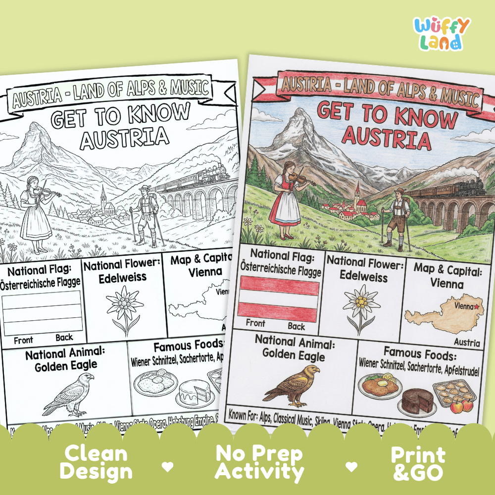 Austria Geography Coloring Poster and Fact Sheet Printables
