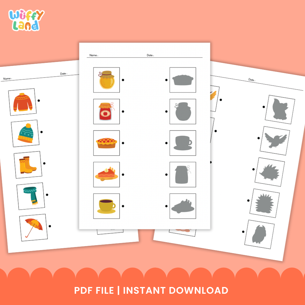 Autumn shadow match worksheet featuring sweater beanie rain boot scarf and umbrella matching to shadow silhouettes