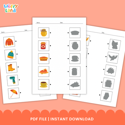 Autumn shadow match worksheet featuring sweater beanie rain boot scarf and umbrella matching to shadow silhouettes