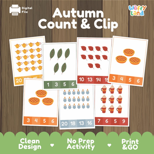 Autumn count and clip cards printable math activity pack overview from Wuffy Land featuring fall leaves pies teapots and drinks 🍂🥧