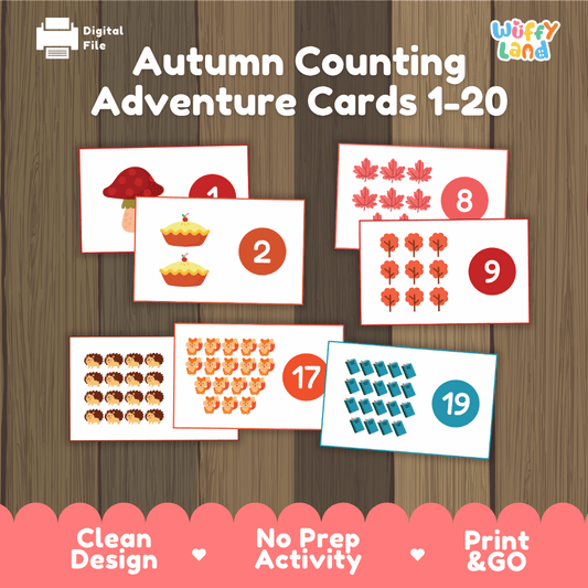 Autumn counting adventure cards 1 to 20 printable math pack overview from Wuffy Land featuring mushrooms, pies, and squirrels 🍁🔢