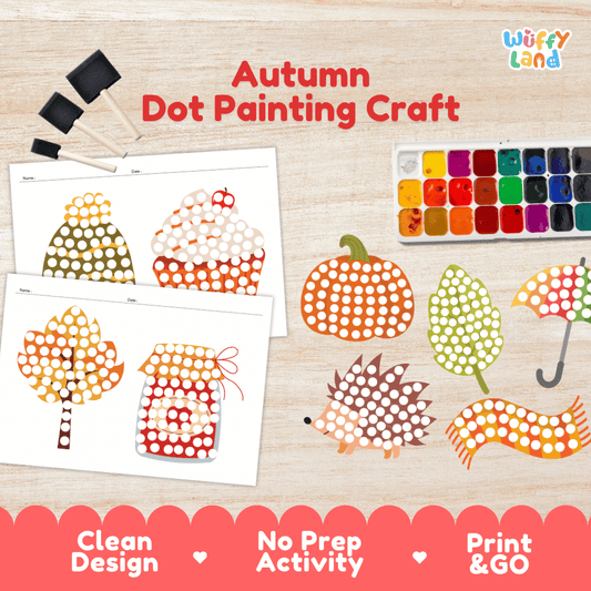 Autumn dot painting craft printable fall fingerprint and dauber activity pack overview from Wuffy Land with paint palette and foam dabbers 🍂🎨