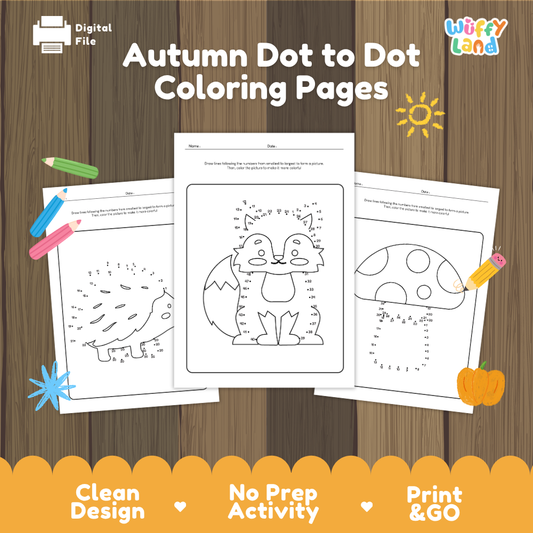 Printable autumn dot to dot coloring worksheets featuring fall themed pictures for kids to connect, reveal, and color.