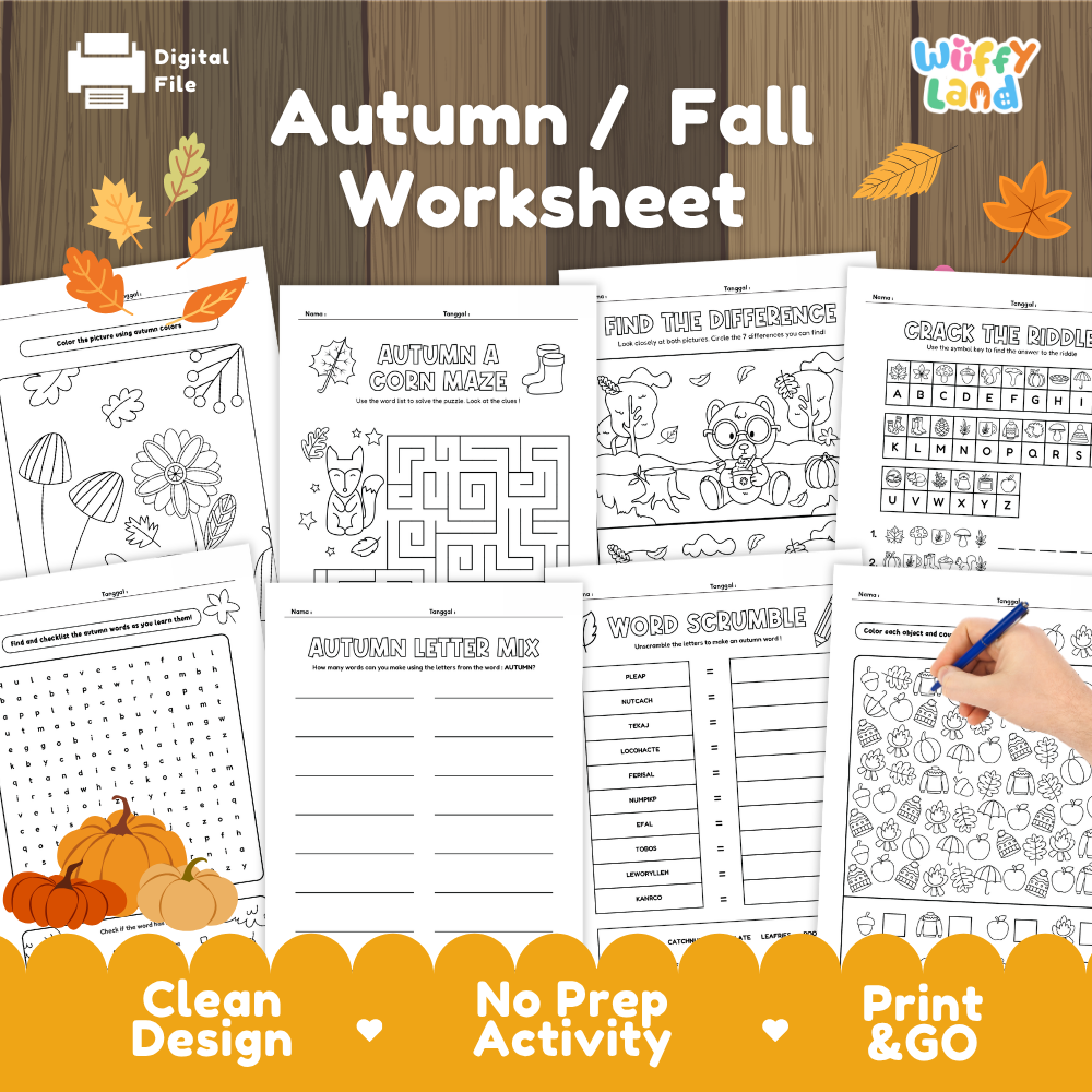 Printable autumn and fall worksheets for kids featuring mazes, word games, coloring, puzzles and seasonal learning activities