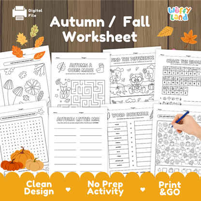 Printable autumn and fall worksheets for kids featuring mazes, word games, coloring, puzzles and seasonal learning activities